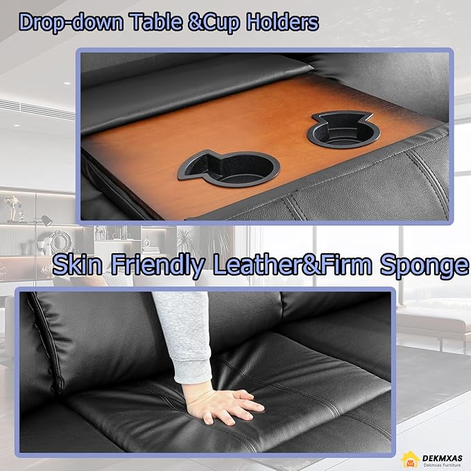 3 Seater Modern Reclining Couch Manual Recliner Sofa Living Room Furniture Black Vegan Leather Couch with Cup Holder/Flip-Down Table for Home Theater/Rv Car (Black,3Seater Sofa)
