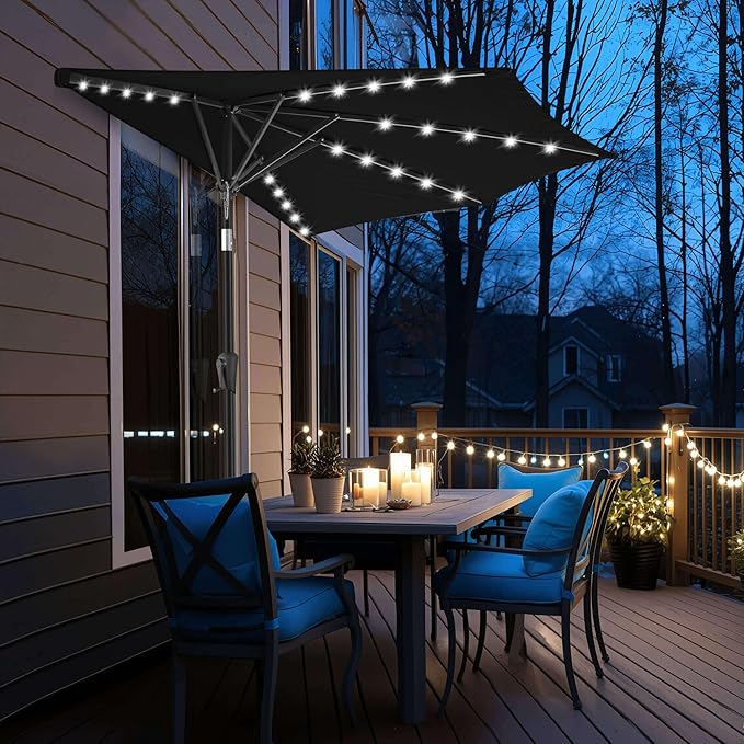 9FT Solar Half Umbrellas Outdoor - LED Half Patio Umbrella with 25 Lights, UV Protection Waterprool, Half Round Umbrella for Wall Balcony, Pool, Porch, Garden, Deck, Backyard, Black