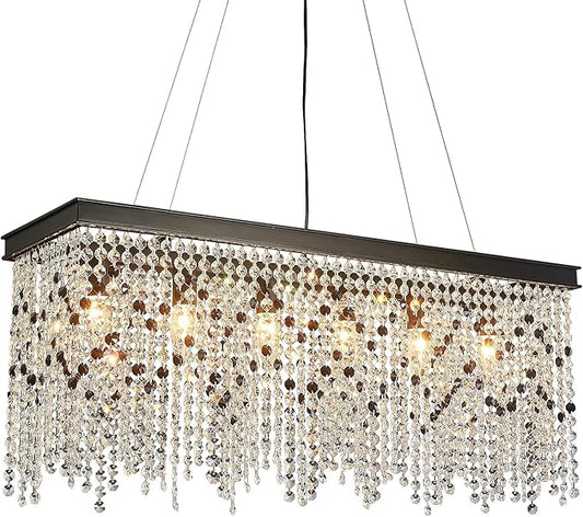 Q&S Black Modern Crystal Chandelier,L30 6-Light Luxury Rectangle Chandelier Light Fixtures for Dining Room Kitchen Island Bar UL Listed