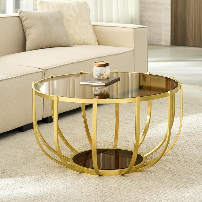 Saint Mossi Glass Round Coffee Table for Living Room, Modern 2-Tier Gold Drum Center Table, Brown Glass Top, Glass Shelf with Gold Finish Legs & Frame, W30xH16.5