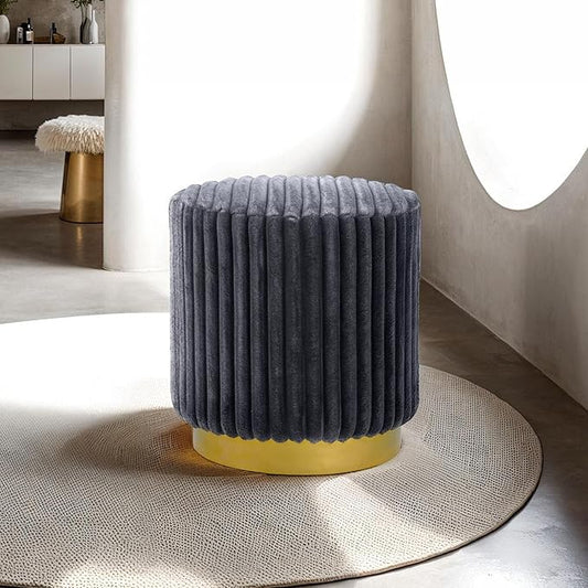 Furniture of America Vail Modern 17-inch Upholstered Ottoman with Channel Tufting and Gold Stainless Steel Base, Vanity Stool Chair, Small Foot Stool for Bedroom, Living Room, Entryway, Dark Grey