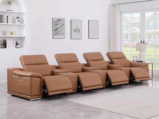 Blackjack Furniture Venice Top Grain Italian Leather Power Recline 7 Piece 4 Seater Sofa - 175" Theater Seating Modern Couch for Living Room Apartment with Adjustable Headrests & USB Port, Cognac