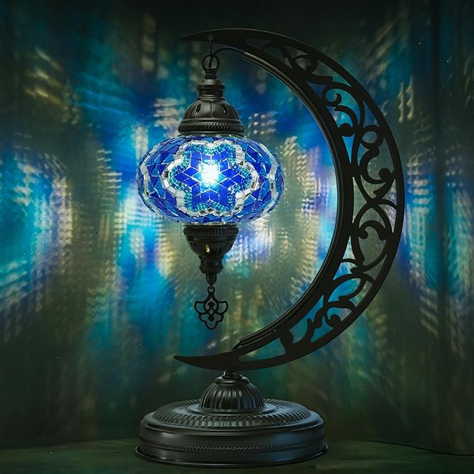 Mozaist Moroccan Mosaic Crescent Shape Table Lamp, Turkish Moon Tiffany Style Handmade Desk Dim Light, Farmhouse Living Room Luna Lighting, Unique Turkish Gift with E12 Socket & US Plug (Sea Blue)