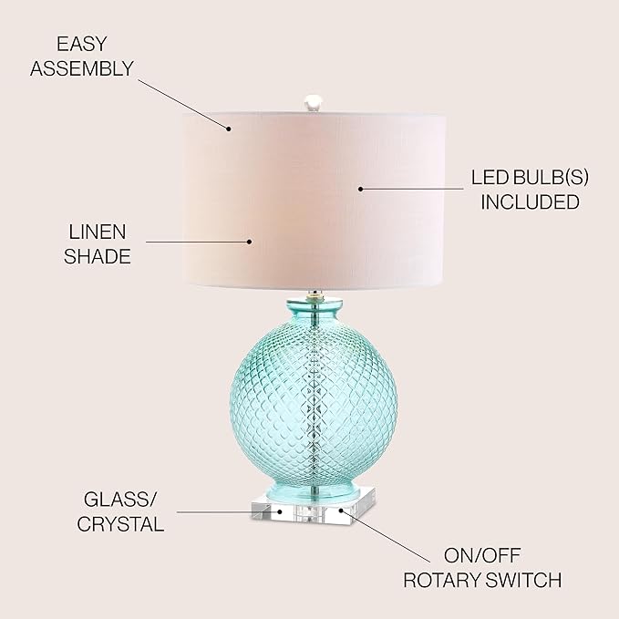 JONATHAN Y 26" Aqua Diamond-Etched Glass and Crystal Table Lamp, Coastal Transitional Bedside Lamp with White Linen Drum Shade for Living Room, LED Bulb Included JYL2003A