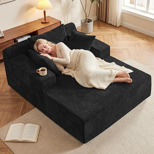 66" Chaise Lounge Chair Indoor, Oversized Boneless Lounge Chair with 3 Pillows, Chenille Cloud Reading Chair for Living Room Bedroom, Deep Seat Sleeper Couch, No Assembly Required | Breathable material