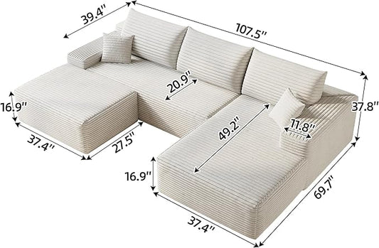 107" Corduroy Couch with Ottoman, Cloud Sectional U Shaped Sofa, Deep Seat Boneless Couches for Living Room Bedroom Apartment, Compressed Foam No Assembly Required, Right Facing Chaise, White
