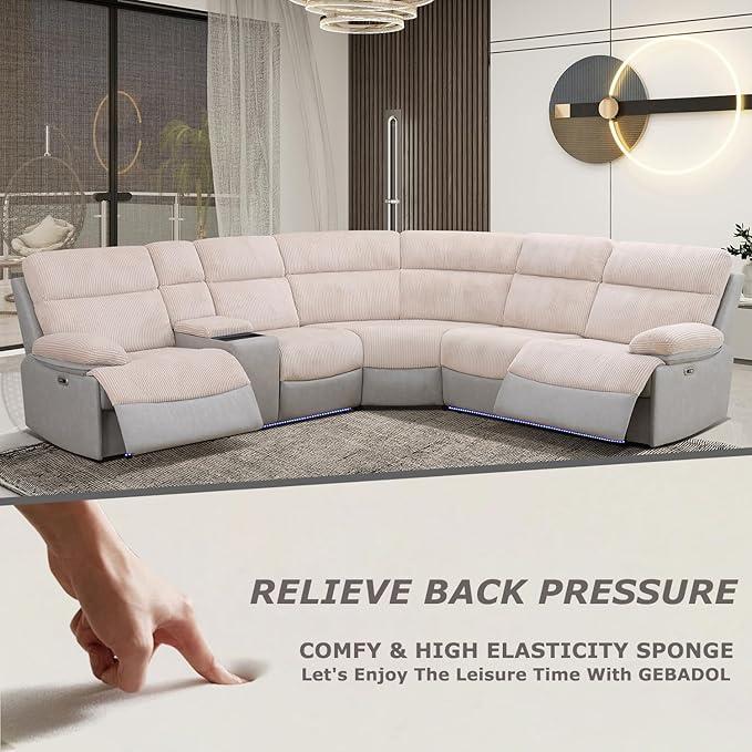 Power Recliner Sectional Sofa, Beige & Grey Plush Sofa, Sectional Couch with Storage Console, Reclining Living Room Sofa with USB/LED Lights