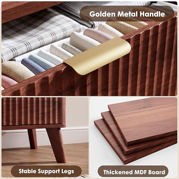 Garvee 9 Drawers Dresser for Bedroom, 60.6" Wide Dressers with Curved Profile Design, Fluted Wood Drawers with Gold Handle, Modern Chest of Dressers with Thickened Design for Living Room, Walnut