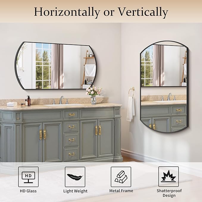 Bathroom Mirror, 24x40 Inch Black Oval Wall Mounted Mirror with Thin Metal Frame, Modern Bathroom Vanity Mirrors for Over Sink, Entryway, Living Room, Bedroom