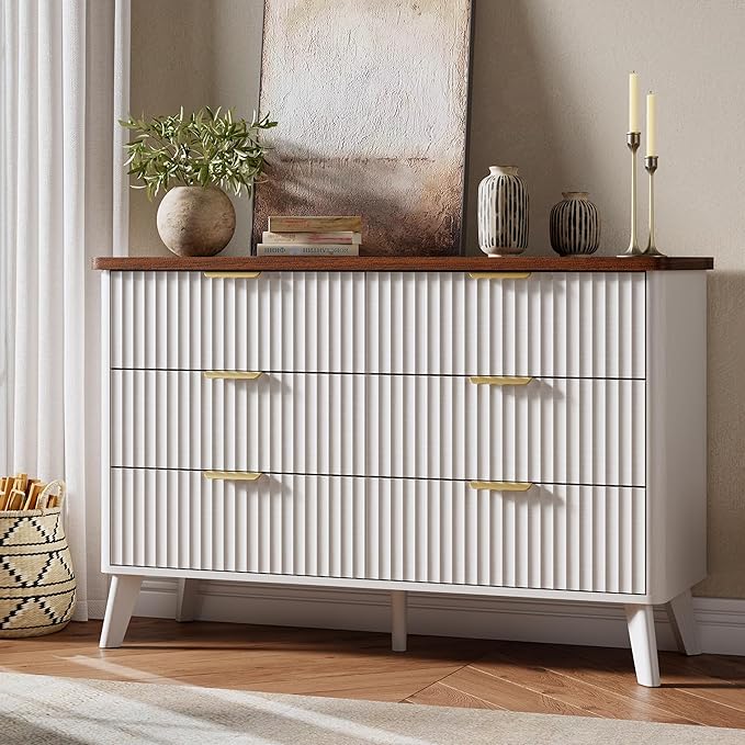 Garvee 6 Drawers Dresser for Bedroom, 47.2" Wide Dressers with Curved Profile Design, Fluted Wood Drawers with Gold Handle, Modern Chest of Dressers with Thickened Design for Living Room, White