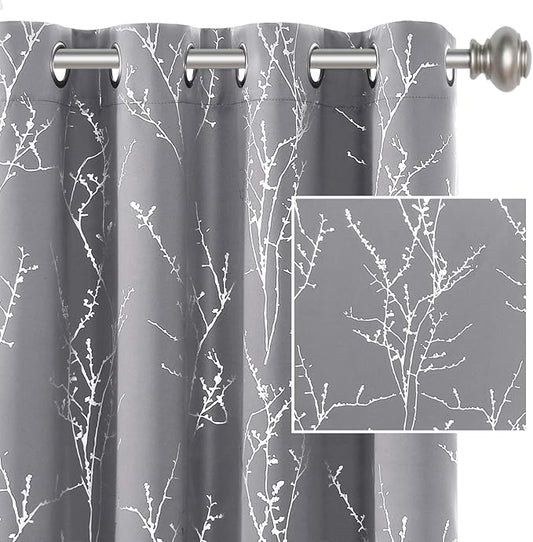 H.VERSAILTEX Blackout Curtains for Bedroom Foil Print Twig Tree Branch Thermal Insulated Grommet Curtain Drapes Light Blocking Thick Soft Window Curtains for Living 52 x 84 Inch, 2 Panels, Grey