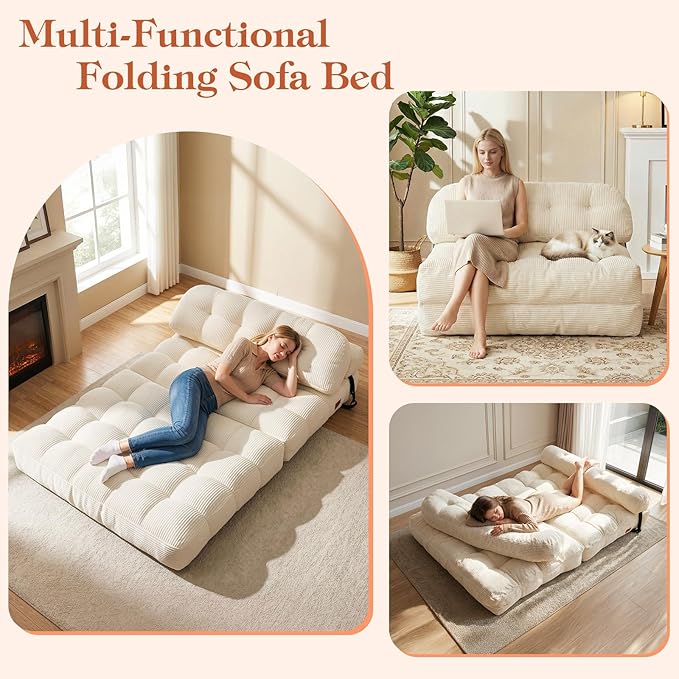 Folding Sofa Bed, Convertible Sleeper Chair with Back Support and Pillow Futon, Boneless Matress, for Living Room/Guest Use/Home Office, Foldable Chair Bed for Adults, Beige, Full