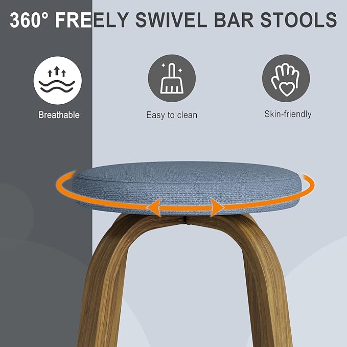Bar Stools Set of 2, Counter Height Backless Bar Stools, 26" Swivel Barstools Kitchen Chair with Upholstered Fabric Seat, Blue