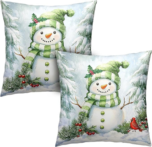 Set of 2 Winter Pillow Covers 20x20 Green Snowman Pine Tree Holly Berry Cardinal Bird Throw Pillow Covers Holiday Pillow Case for Home Decor Couch Sofa
