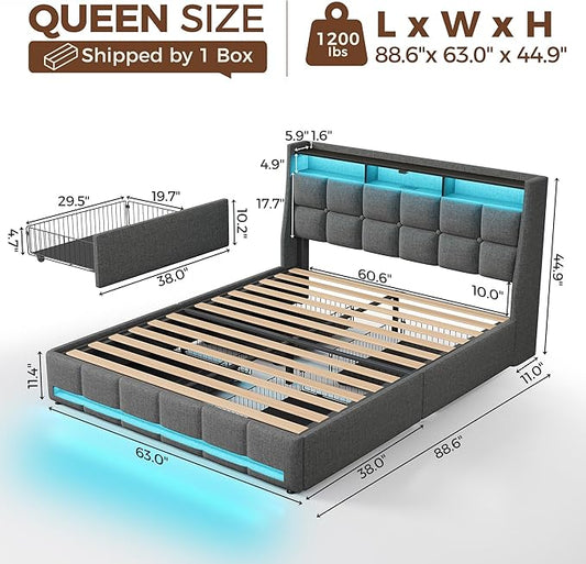 Rolanstar Queen Size Bed Frame with RGB LED Lights & Charging Station, Upholstered Storage Headboard with 4 Drawers, Heavy Duty Metal Frame, No Box Spring Needed, Easy Assembly