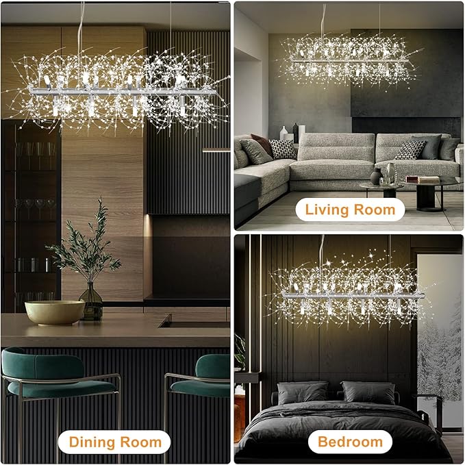 Depuley 35.4" Modern Silver Crystal Firework Chandelier, 12-Light Crystal Light Fixture Hanging, Linear Dandelion Chandelier, Sputnik Ceiling Pendant Light Fixtures for Dining Room(G9 Bulbs Included)