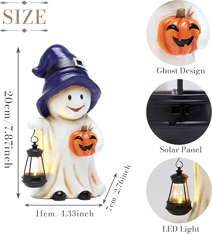 TERESA'S COLLECTIONS Halloween Decorations, Ghost Decor, Medium Ghost with Solar Light, Waterproof Resin Halloween Decor, Party Gifts Indoor/Outdoor