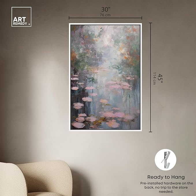 Art Remedy Pink Impressionisty Lilypads Framed Impressionism 1 Piece Canvas Wall Art/Monet And Van Gogh Inspired Art, 31" x 46", White Frame