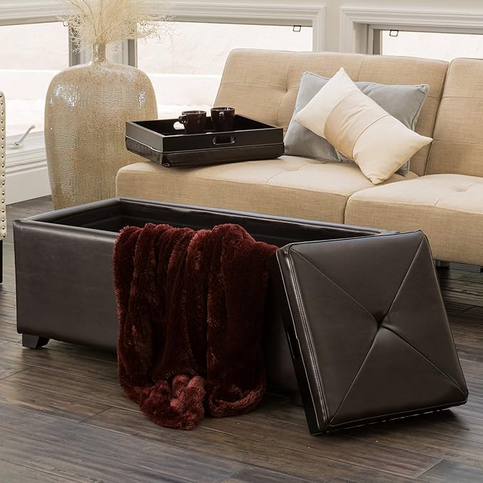 Christopher Knight Home Maxwell Bonded Leather Double Tray Ottoman, Brown , 38 x 19x 17inches
