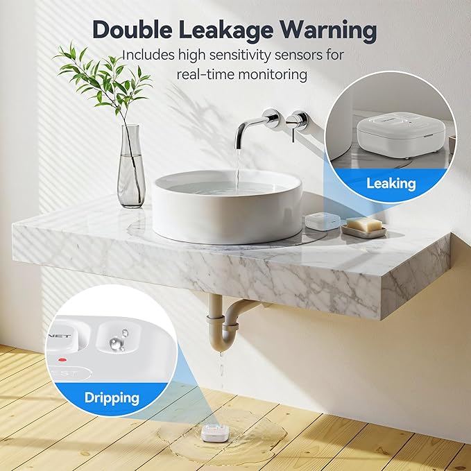 TECKNET WiFi Water Leak Detectors, Leak & Drip Alert with APP Push and Sound Alarm, Smart Water Sensor with 120dB Adjustable Alarm, for Home Kitchen Bathroom Basement (2 Pack, Battery Included)