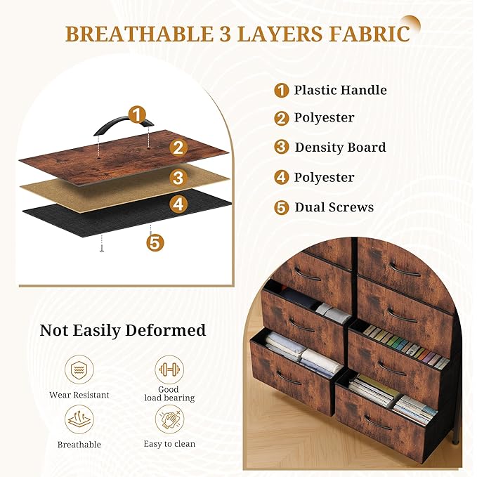 10-Drawer Fabric Dresser, Chest of Drawers Clothes Cabinet for Closet & Bedroom, Storage Organizer with Steel Frame for Entryway, Dorm, Living Room, Brown