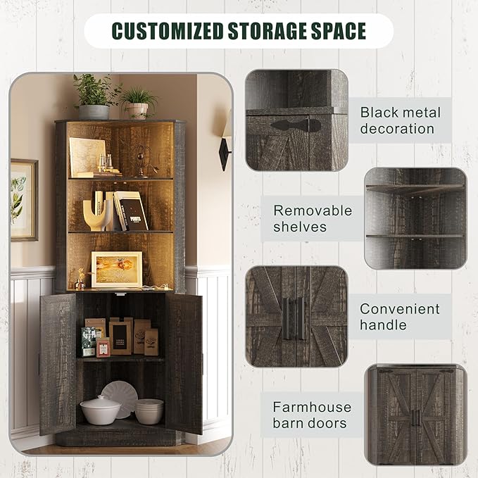 Farmhouse Corner Cabinet with LED Light, 67" Tall Bathroom Cabinet with 2 Doors and 3 Tier Shelves, Free Standing Corner Storage Cabinet for Living Room or Kitchen, Rustic Brown