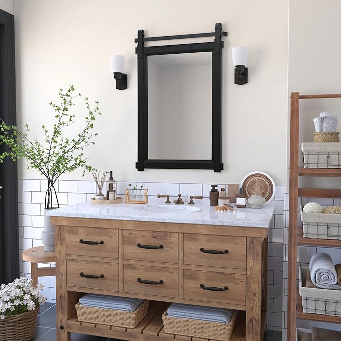 Besdomus Black Bathroom Farmhouse Mirror: 24"x36" Barn Door Rustic Solid Cedar Wood Frame - Wall Mounted Mirror for Entryway/Living Room/Bathroom - Home Decor for Modern Farmhouse Enthusiast