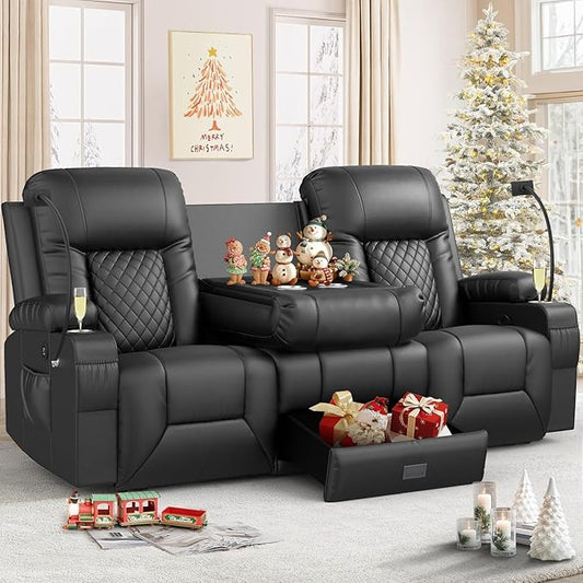 FURNIMAT Loveseat Recliner Sofa, 3 Seater Dual Reclining Sofa with Flip Back Console, Modern PU Leather Reclining Couch for Living Room/RV, with Storage, USB Port, Cup Holder, Cell Phone Holder, Black