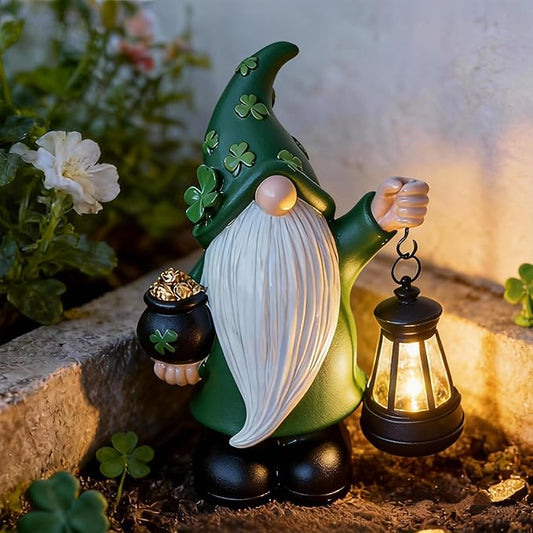 St Patrick's Day Gnome Decorations Outdoor, Solar Leprechaun Decor with Pot of Gold, Resin Figurine with Shamrocks & Solar Light for Garden Patio, Gift Luck and Fortune
