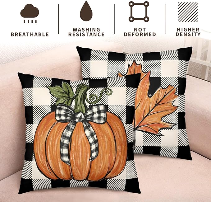 Fall Outdoor Throw Pillow Covers 20x20 Set of 2 Orange Pumpkin Maple Leaves Buffalo Plaid Autumn Decorative Pillow Cases Farmhouse Thanksgiving Cushion Cases for Couch Sofa