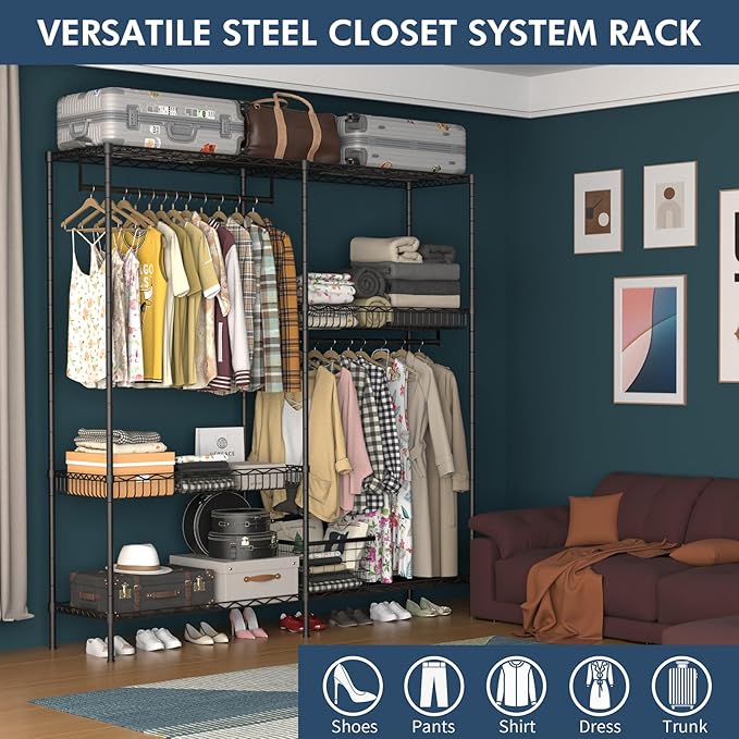 70 inch Heavy Duty Portable Closet Rack with Baskets, Steel Armoire Closet System, Clothing Organizer for Bedroom