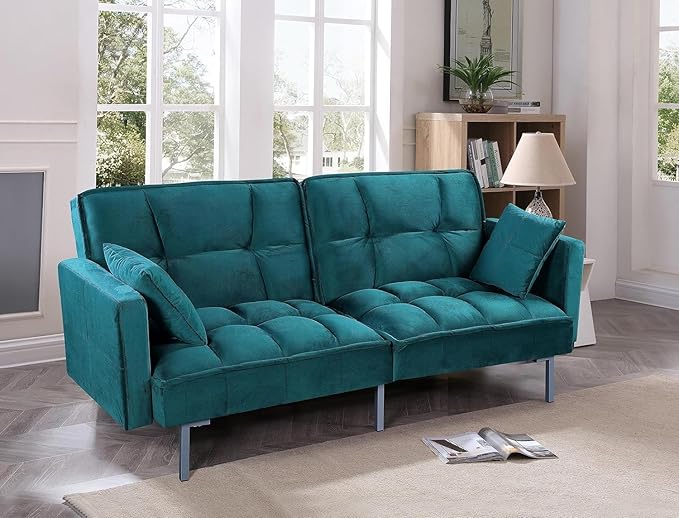 Container Furniture Direct Regal 75.6" Velvet Convertible Sofa Bed - Mid-Century Sleeper Couch w/Tufted Design & Metal Legs - Pull-Out Futon for Guests/Home (75.6" W x 34.6" D x 32" H), Blue