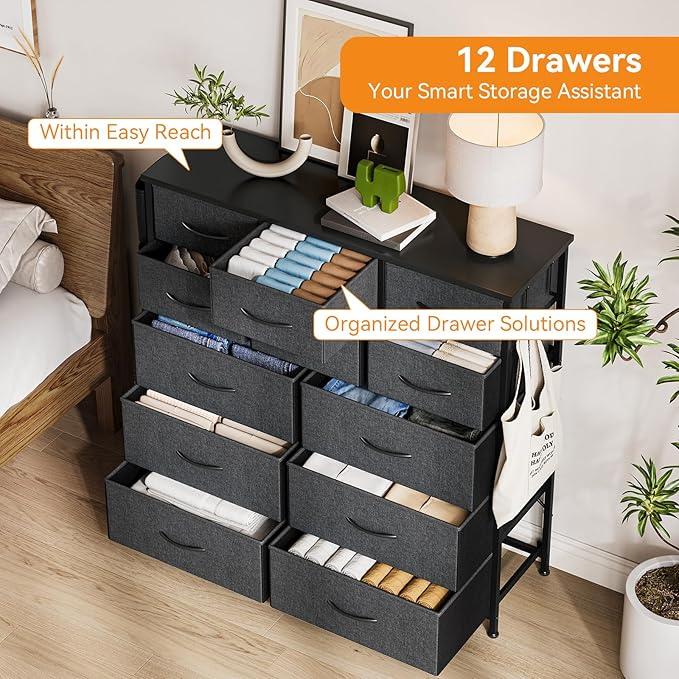 GarveeHome 12 Drawer Dresser for Bedroom, Fabric Dressers & Chests of Drawers with Side Pockets, Chest of Drawers for Closet, Living Room, Closet, Hallway