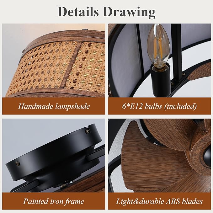 NORFOLK 20" Boho Ceiling Fan with Light, Flush Mount Ceiling Fan with Quiet Energy-Saving DC Motor & 6 E12 LED Bulbs Included, Farmhouse Rattan Caged Ceiling Fan with Light for Bedroom Living Room