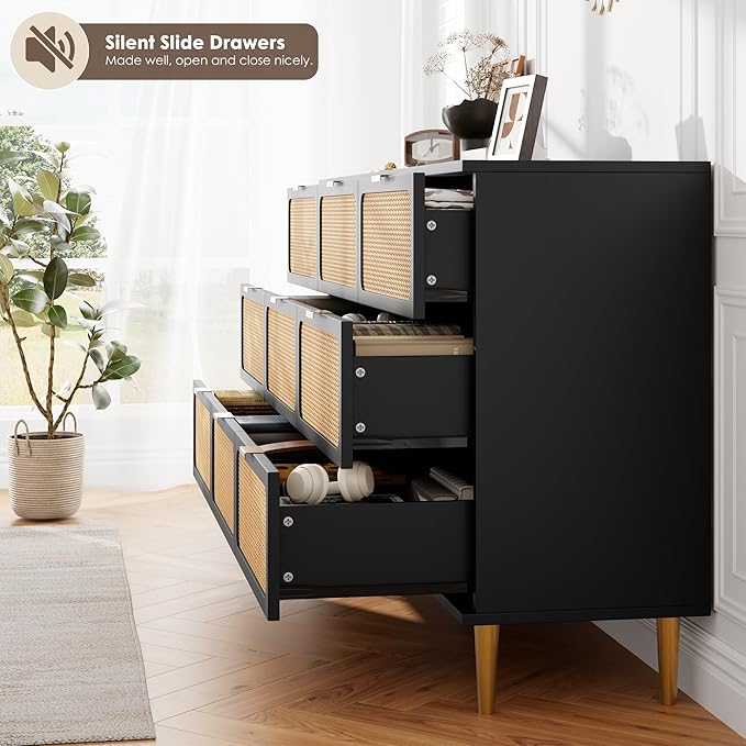GarveeHome Rattan 9 Drawer Dressers for Bedroom, Tall Dresser with Deep Drawers, Large Chest of Drawers for Closet with Wide Top, Long Wooden Dresser for Living Room, Hallway, Kids Room, Black