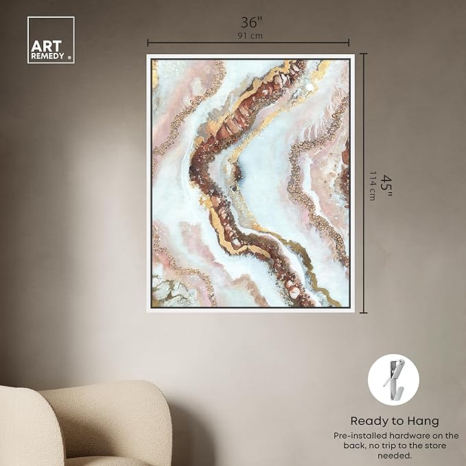 Art Remedy Blush Geode Framed Mineral, Agate & Geode 1 Piece Canvas Wall Art, 37" x 46", White Frame