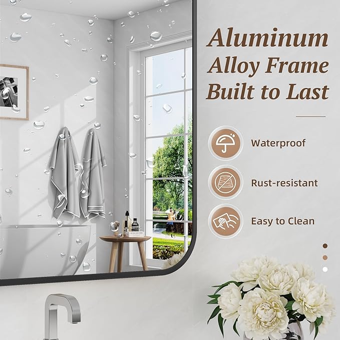 Bathroom Mirrors for Over Sink 48" x 30", Black Metal Frame Rounded Corner Rectangle Wall Mirror, Modern Farmhouse Vanity Mirror(Horizontal/Vertical)
