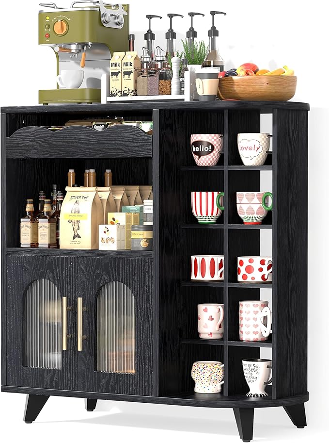 VINAEMO Coffee Bar Cabinet with 24-Cup Display, Large Drawer & Storage,Modern Buffet Sideboard for Kitchen, Medium Wooden Bar Station for Apartment，Black