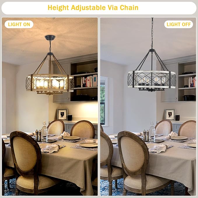 Modern Chandelier for Dining Room, 6-Light Wood Grain Finish Farmhouse Chandelier, 21.6” White Rustic Drum Hanging Light Kitchen Island, Round Metal Hanging Light Fixture for Foyer, Entryway, Bedroom
