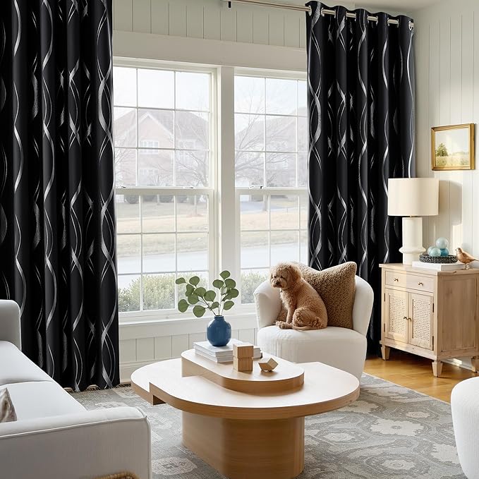 NICETOWN Black Blackout Patterned Curtain for Bedroom, 66 inch Wide by 84 inch Long, Noise Reducing Thermal Insulated Wave Line Foil Print Design Drapes for Patio Sliding Glass Door, 2 Panels