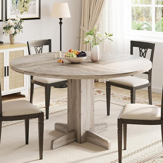 Garvee Round Dining Room Table for 4-6, 47" Wood Kitchen Table with Sturdy Pedestal Base, Farmhouse Circle Dinner Tables for Living Room, Apartment, Grey