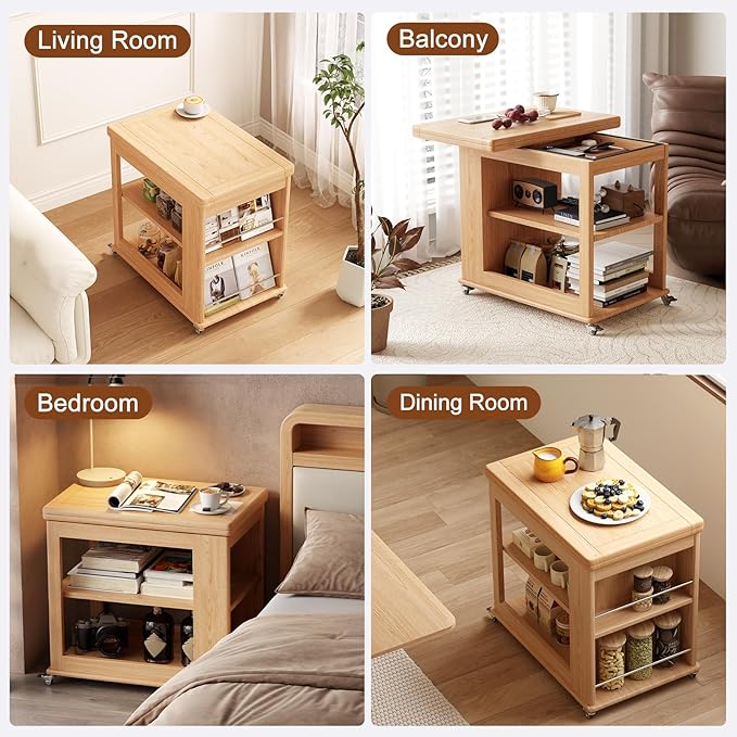 Folding Dining Table with Wheels, Solid Wood Dining Table Stylish 2-Tier Design for 2-4,Natural Hidden Storage for Living Room,Small Spaces, Dining Room, Kitchen