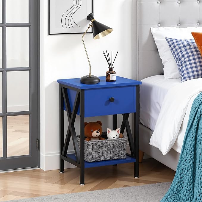 VECELO Nightstands, Modern Bedside End Tables Set of 2, Night Stand with Drawer and Storage Shelf for Living Room Bedroom, Industrial Metal Frame