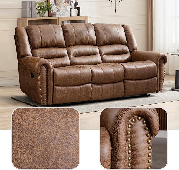 EBELLO Faux Leather Manual Reclining Sofa Recliner, 3 Seat Loveseat Sofa Chair, Couch for Living Room, Bedroom Furniture, Meeting Room, Brown (3 Seat Sofa)