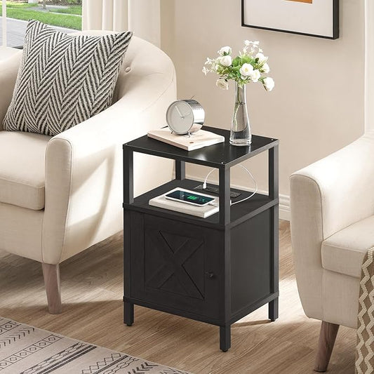 Farmhouse Nightstand with Charging Station, Black Bedside Table with USB&Type-C Ports and Outlets, End Table with Storage, Night Stand for Bedroom, Black ETBK96E01
