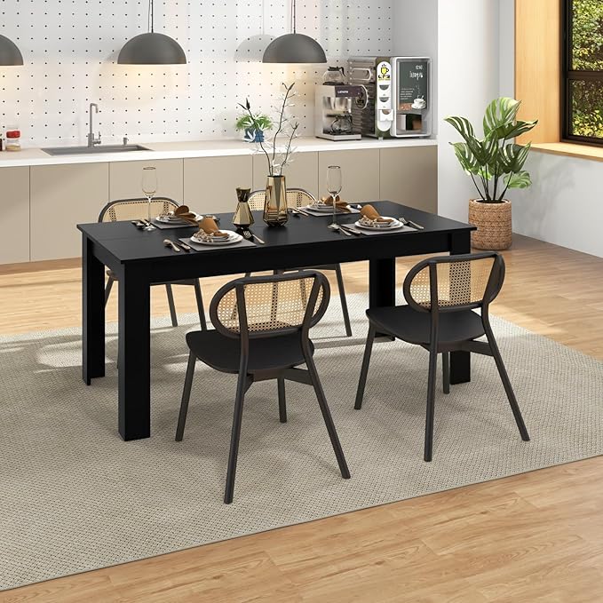 Moccha Wood Dining Table for 4-6 People, 63" Wood Rectangle Dinner Table, Modern Kitchen Table with L-Shaped Legs, 330lbs Weight Capacity, Farmhouse Dinette Table for Dining Room, Living Room, Black