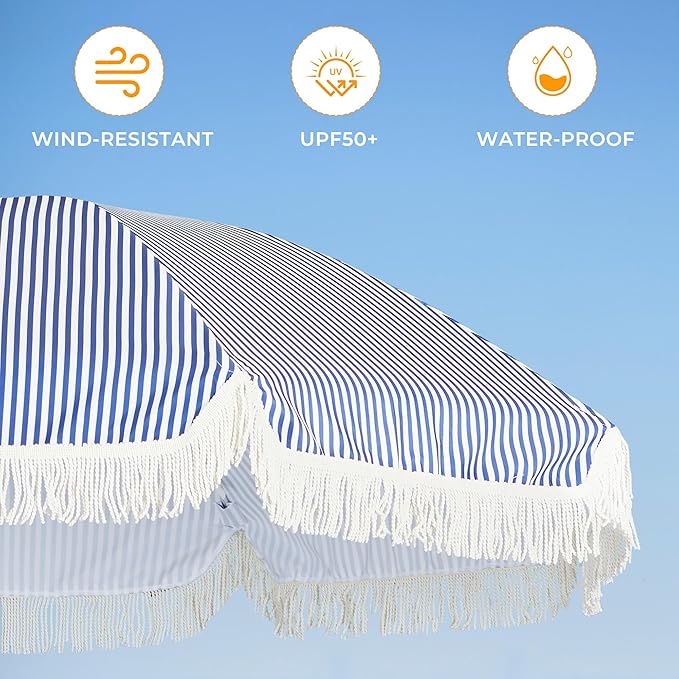 HOMEDEMO Boho Patio Umbrella with Fringe, Outdoor Tassel Umbrella with UPF50+ Sun Protection and Push Button Tilt, Premium Aluminum Pole & Fiberglass Ribs, Includes Hanging Hook