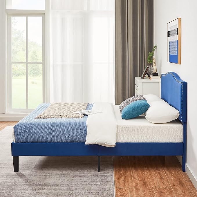 VECELO Queen Bed Frame Platform Bed Frame with Upholstered Headboard, Strong Frame and Wooden Slats Support, Strong Weight Capacity, Non-Slip and Noise-Free, Easy Assembly,Dark Blue