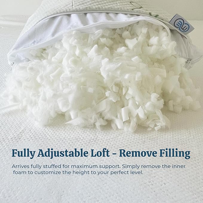 OMEO 2 Pack King Size Rayon Derived from Bamboo Pillow for Sleeping Shredded Memory Foam Bed Pillows for Side, Back and Stomach Sleepers, Soft, Cooling, Adjustable and Washable Cover 20" x 36"