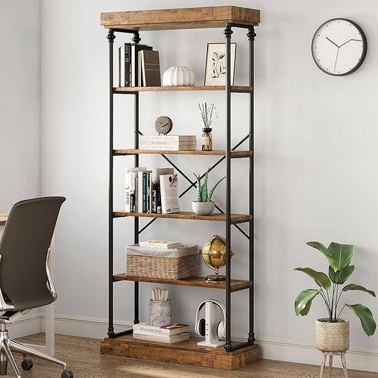 CABIHOME Bookshelf Industrial Bookcase Wooden Storage Open Rack Shelf with Metal Frame Rustic 6 Tier Tall Standing Bookshelves Large Display Rack for Bedroom,Living Room and Home Office